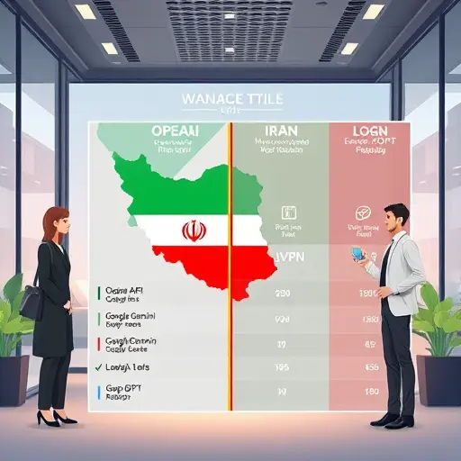 comparison chart illustration for global AI APIs (OpenAI, Google Gemini, Claude, GapGPT), animated style, showing Iran region, block symbols for VPN, highlight on sanctions-bypass for GapGPT, clean, tech, text-free