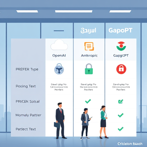 animated comparison infographic of various AI API providers (OpenAI, Google, Anthropic, GapGPT), showing icons for cloud, locks for access barriers, Farsi language symbols, and Iranian patterns; clean tech cartoon style, text-free