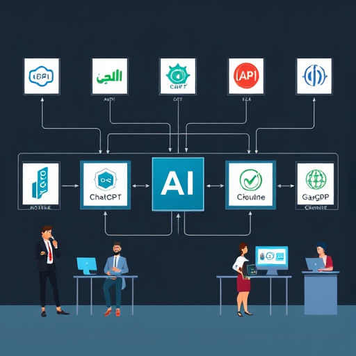 modern API architecture diagram illustration with multiple AI model logos (such as ChatGPT, Claude, Gemini, and GapGPT)
