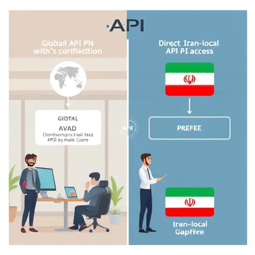 modern API architecture comparison diagram, left side shows global AI API with VPN connection and obstacles, right side shows direct Iran-