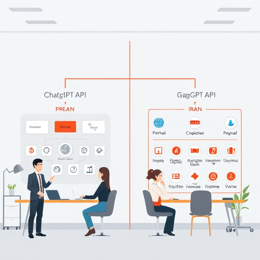 modern API architecture diagram illustration comparing two separate platforms: one representing ChatGPT API as a global service with barriers (such as firewall or globe icons);