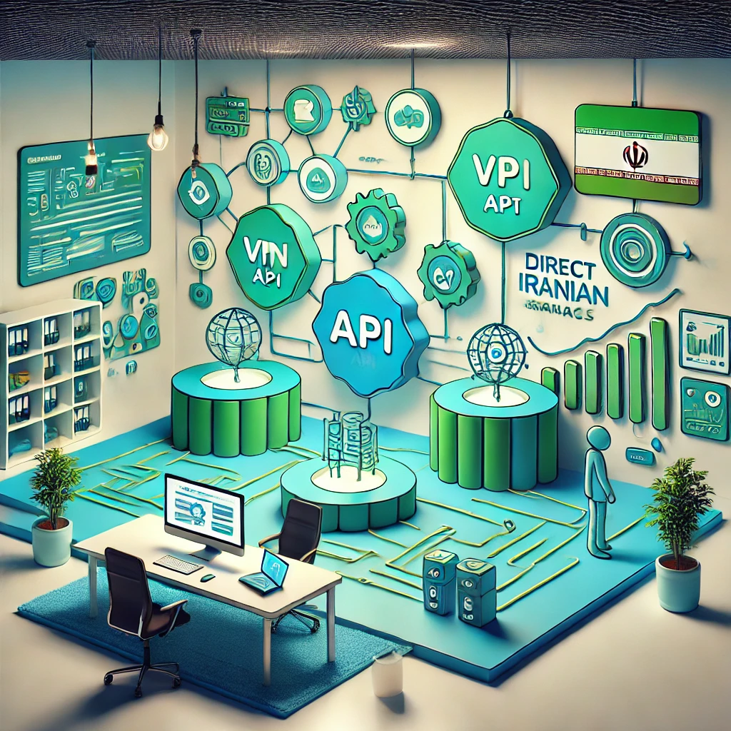 abstract API workflow diagram showing two separate flows: ChatGPT API (with VPN symbol) and GapGPT API (with direct Iranian access), cartoon style, green and blue accents, no text