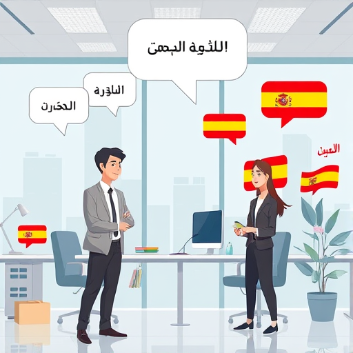 animated concept of a learner gaining speaking confidence with an AI chatbot, rising speech bubbles, friendly tech-inspired characters, Spanish flags and language icons, no text
