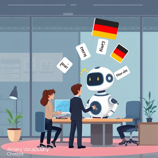 cartoon style illustration of vocabulary cards popping out from an AI-
