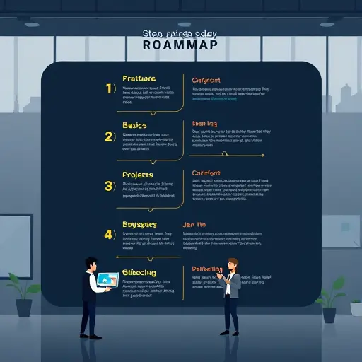 animated illustration of a step-by-step coding roadmap with milestones (basics, small challenges, projects, debugging)