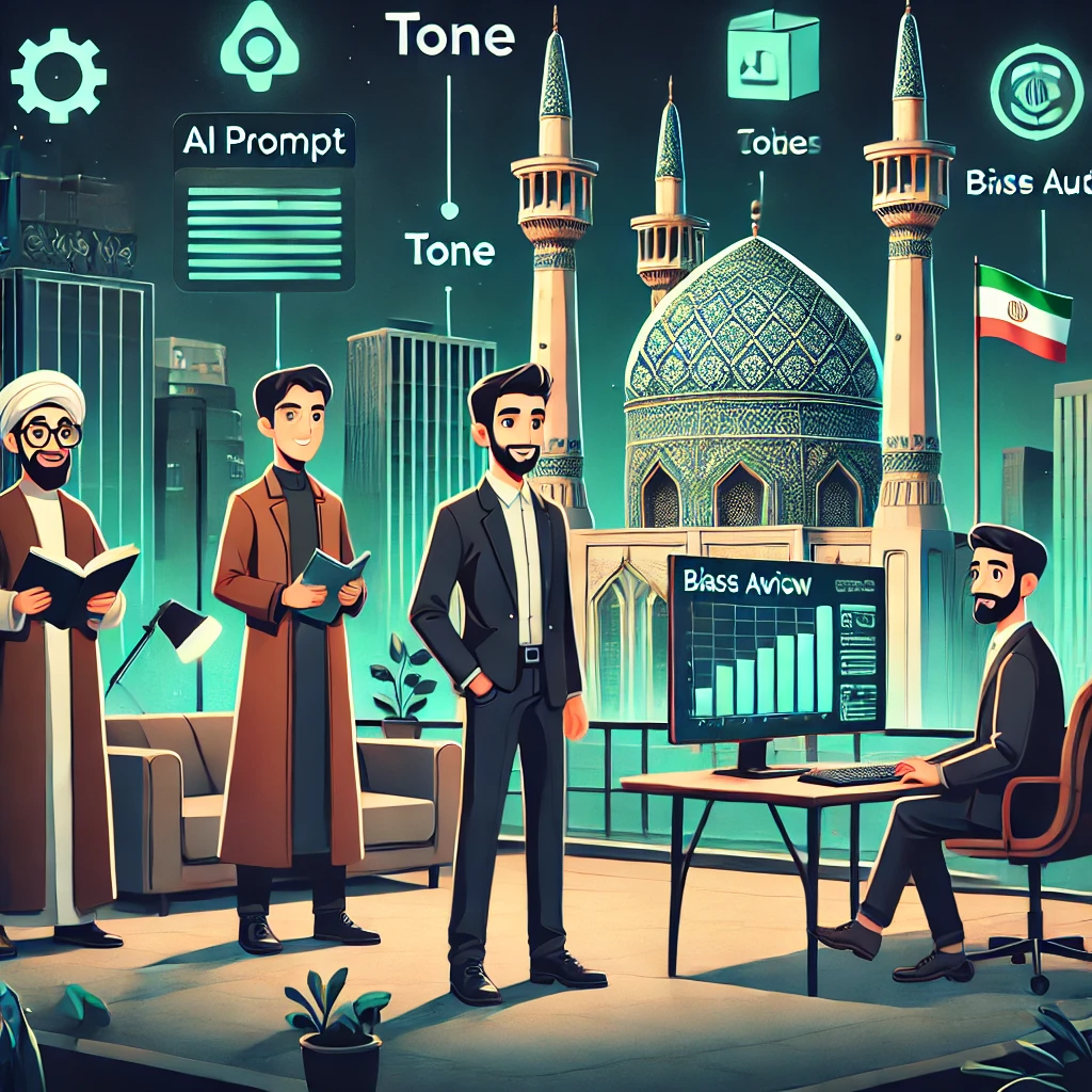 clean animated illustration of AI prompt building for book reviews, cards representing tone, citations, bias audit, dark theme, green accents, text-free