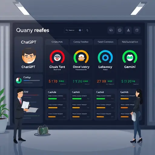 animated comparison dashboard of ChatGPT, Claude, and Gemini, showing badges for F1 score, latency, and hallucination rate; dark modern UI;; no text