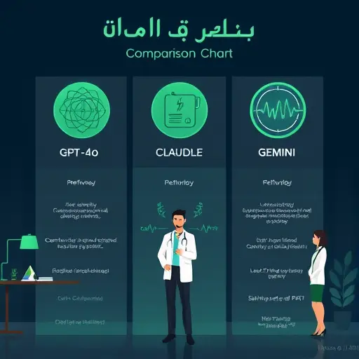 abstract medical AI comparison chart, animated illustration showing GPT-4o, Claude, Gemini icons with medical symbols (stethoscope, lab tests, heart rate)