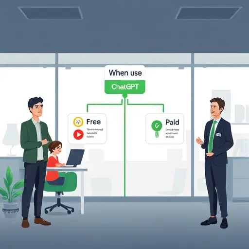 decision tree infographic style, animated illustration showing when to use ChatGPT Free vs upgrade to paid vs try alternatives;