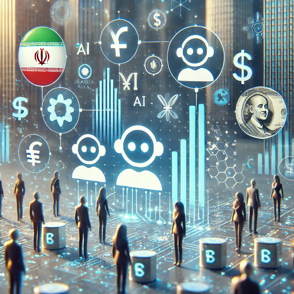 modern price comparison infographic, AI chatbot icons with currency symbols (Iranian Rial and US Dollar), clean and minimal, text-