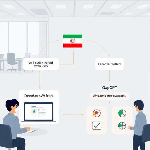 simple flowchart illustration showing API call from Iran, DeepSeek API path blocked by firewall, GapGPT API path open and successful, animated icons for VPN and sanction-