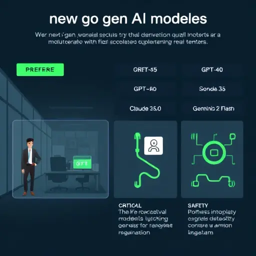 clean infographic-style illustration comparing next-gen AI models: GPT-5 vs GPT-4o vs Claude 3.5 Sonnet vs Gemini 2 Flash, abstract icons for reasoning, multimodality, latency, context window, safety; dark UI theme with green accents;