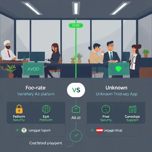 clean comparison infographic between a verified Iranian AI platform and unknown third-party app, dark UI, green accents, icons for security, price, language support, no text