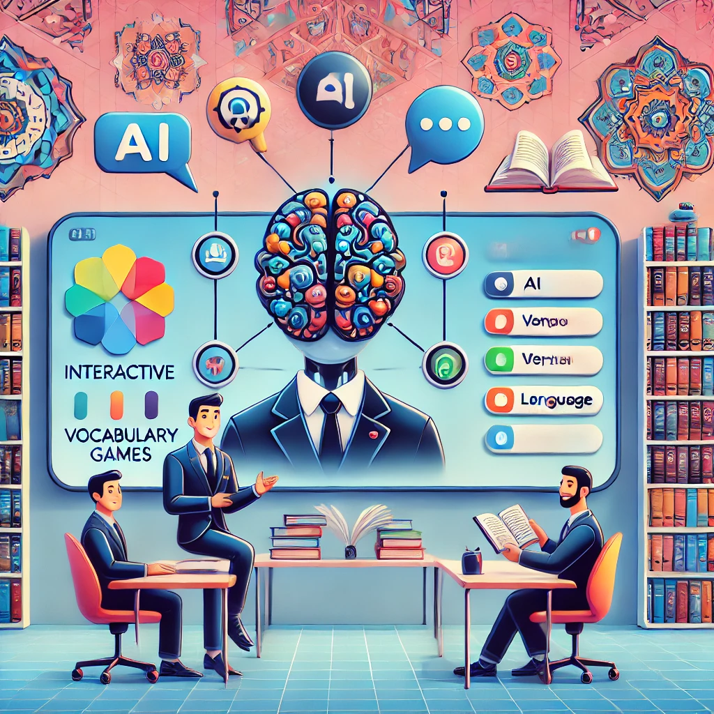 cartoon of interactive vocabulary games with AI, colorful interface, animated style, symbols for learning and AI, no text