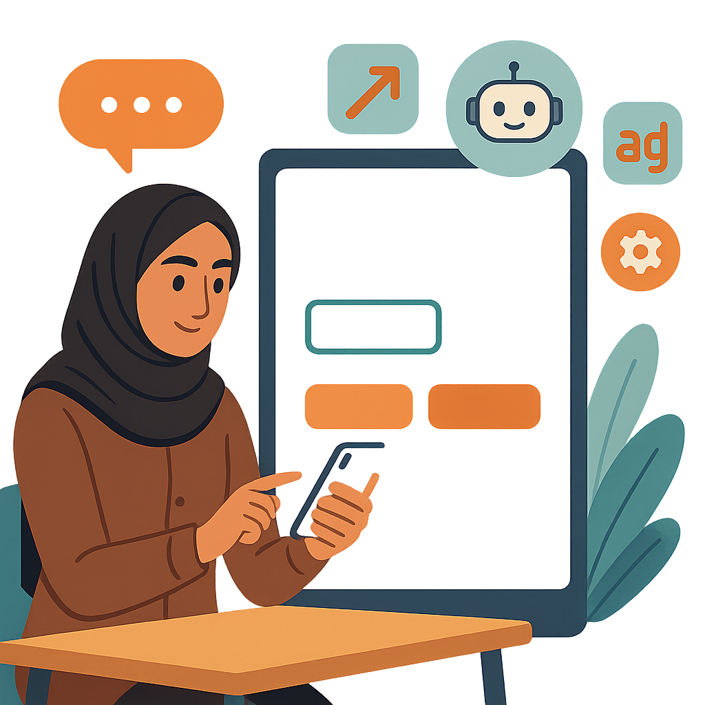 cartoon style illustration of interactive grammar activities with AI, such as fill-in-the-blanks, chatbubbles, mobile device, icons of verbs/