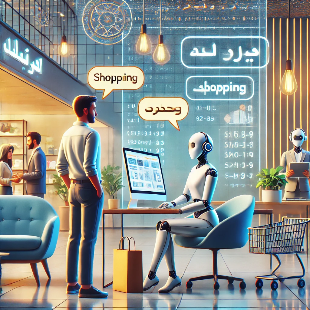 animated illustration of everyday conversation practice with an AI chatbot, shopping scenario, travel icons, speech bubbles, technology meets language learning, text-free