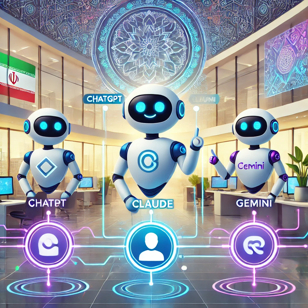 cartoon-style illustration of three AI chatbots (ChatGPT, Claude, Gemini)