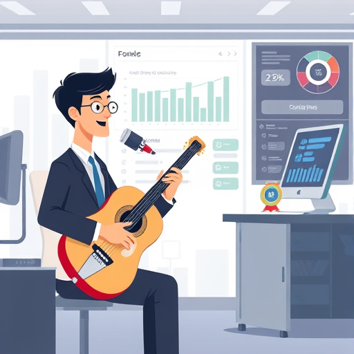 modern animated character practicing a musical instrument with AI chatbot guidance, digital dashboard, technology-focused illustration, no text