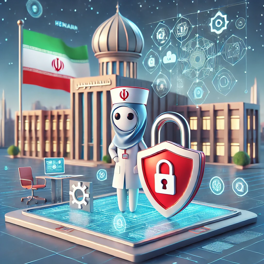 animated lock and data security shield illustration, representing data privacy in Iranian AI health platform, cartoon infographic, text-free