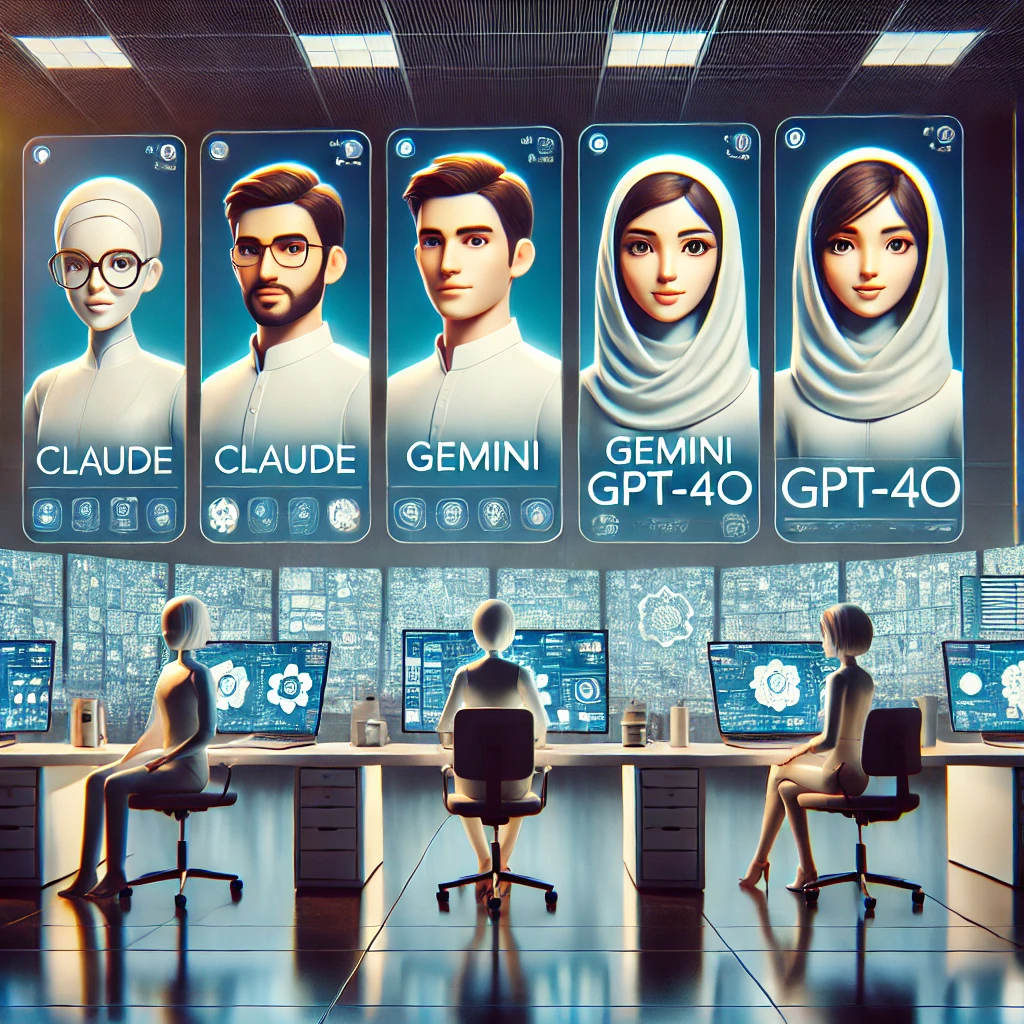 professional illustration of multiple AI chatbot avatars (Claude, Gemini, GPT-4o)