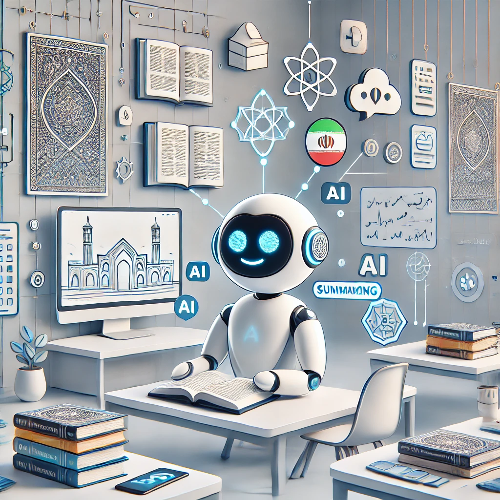 modern cartoon illustration of AI summarizing books and lecture notes for students, digital sticky notes, organized folders, technology icons, no text