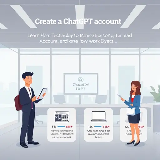 cartoon style infographic showing steps to create a ChatGPT account for Iranian users, each step represented by icon, technology-inspired background, no text