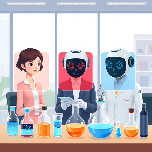modern animated illustration representing different AI models (Claude, Gemini, GPT-4o) each answering a chemistry question, chemistry icons, layered cards, text-free