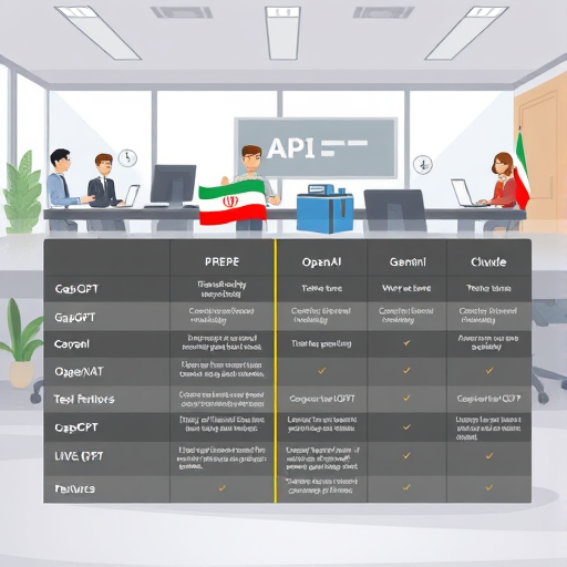 modern comparison table illustration showing API features; animated columns for GapGPT, OpenAI, Gemini, and Claude;