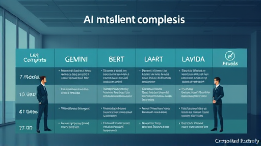 comparison chart illustration of AI models like Gemini, BERT, and LaMDA, abstract style, clean icons representing unique features, green and blue theme, text-free