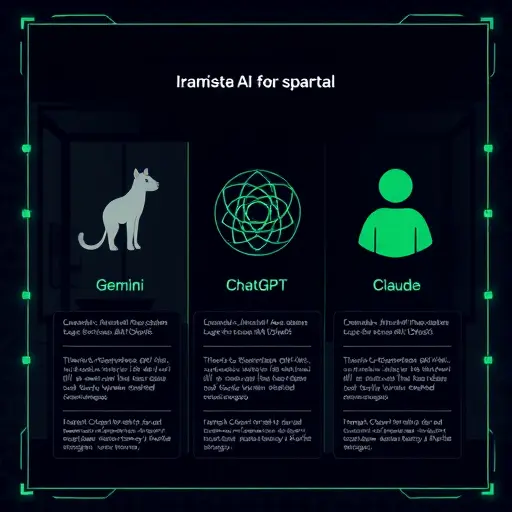 clean comparison infographic illustration of three AI assistants (Gemini, ChatGPT, Claude)