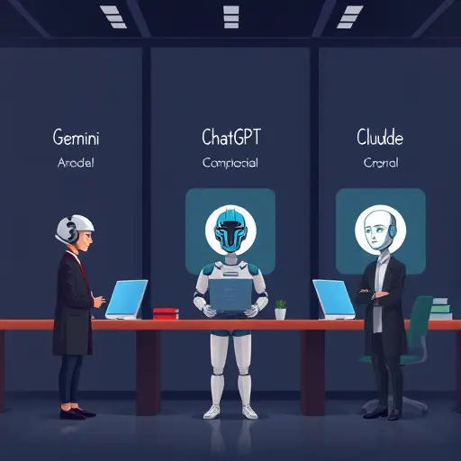 animated comparison illustration of three AI models (Gemini, ChatGPT, Claude)