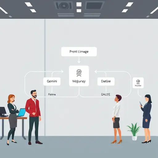 cartoon-style workflow diagram showing prompt to image pipeline with branching to Gemini, Midjourney, DALL·E, clean technology icons, no text, sleek dark theme