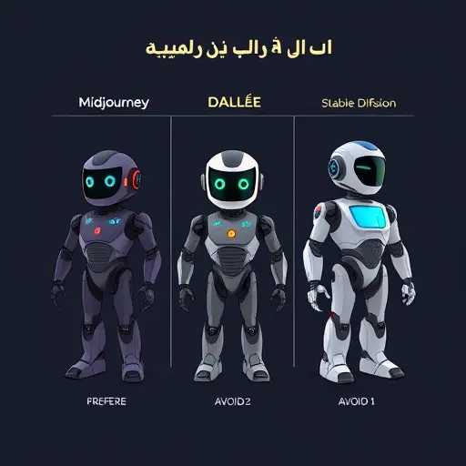 cartoon style comparison chart showing Midjourney, DALL·E, and Stable Diffusion as AI robots, each with distinct art-