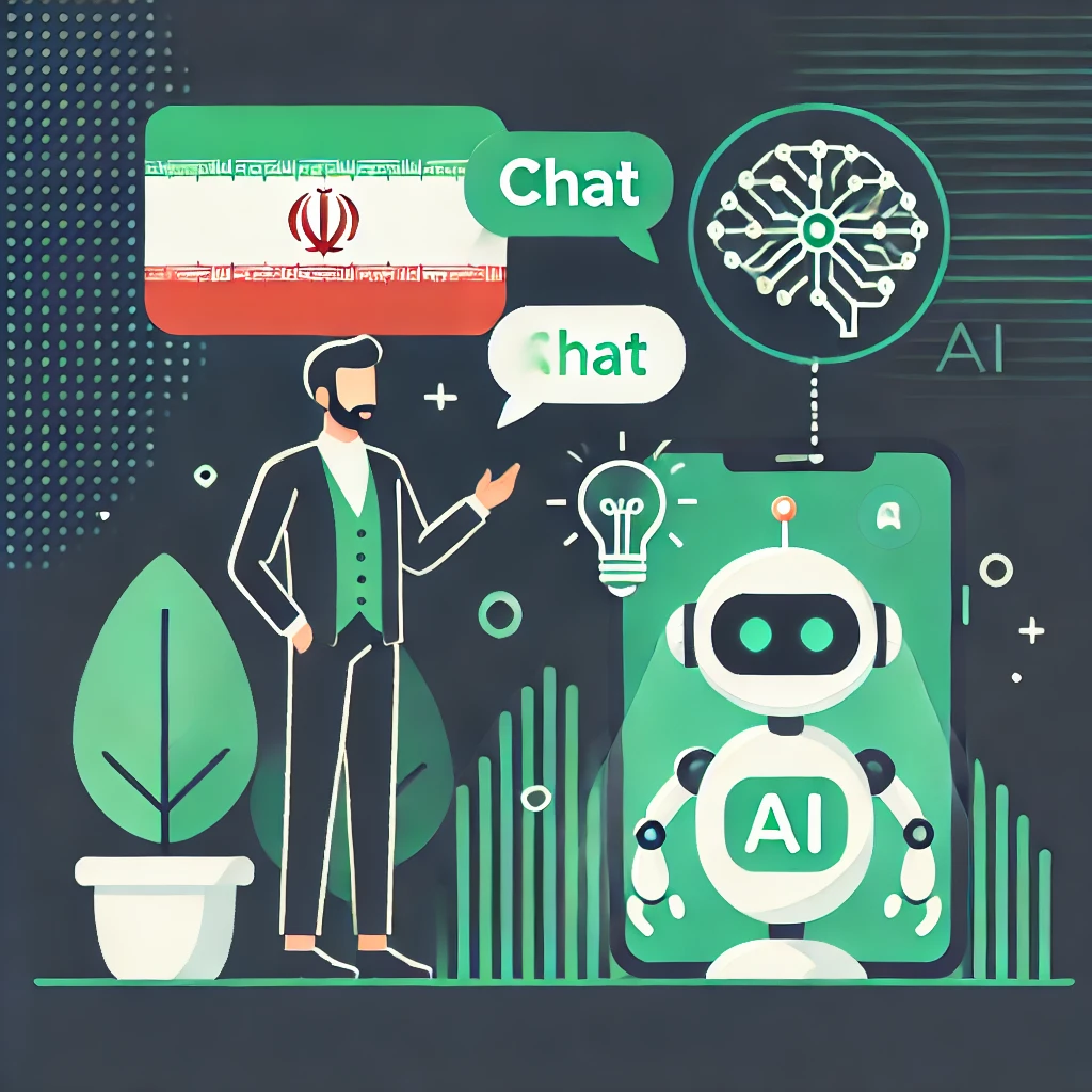 minimalist illustration of a person sending a message to an AI robot, symbols of chat, AI brain, and idea bulb above them, cartoon style, green and dark backgrounds, no text
