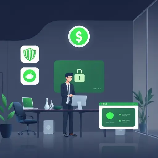clean illustration of official app store badges (generic icons), security shield, and a web browser window indicating official sources, dark theme, green highlight, no text