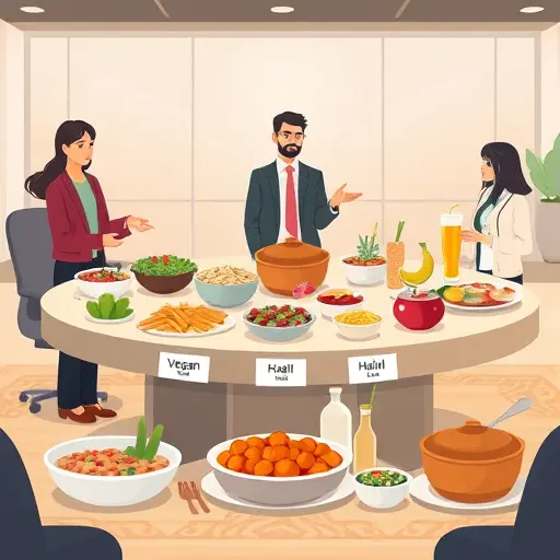 animated buffet table with labeled diet icons (vegan leaf, gluten-free grain crossed, halal crescent)