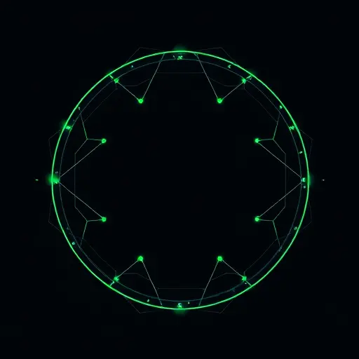 abstract neural network lines forming a circular stamp outline, dark background, green accent color #94d3a2