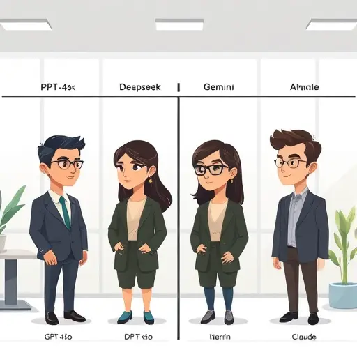 modern animated comparison chart showing different AI models (GPT-4o, Deepseek, Gemini, Claude) generating profile images in various artistic styles, cartoon illustration, no text