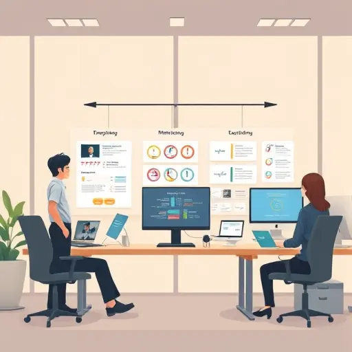 cartoon-style workflow of prompt engineering: template building, dataset grid, human review rubric, iterative improvements;