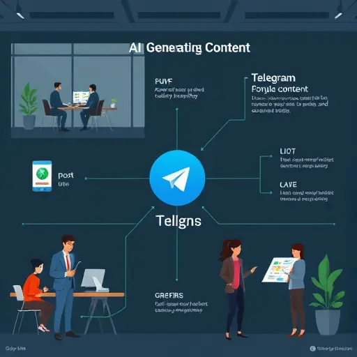 cartoon-style workflow diagram showing AI generating Telegram content: posts, captions, auto replies; dark theme with green accents, minimalistic, text-free, professional