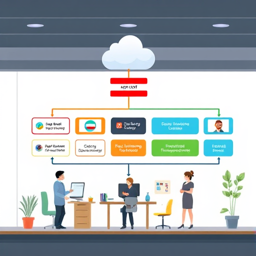 animated architecture diagram showing an Iranian web/mobile app client communicating via server to the GapGPT API cloud, color-coded flows for chatbot, document summarization, and translation modules, cartoon style, text-free