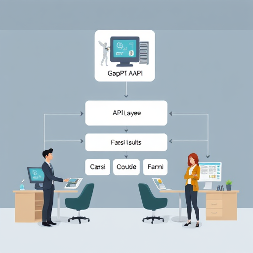 conceptual block diagram, cartoon style, showing a Software Application sending a request to GapGPT AI API (), API layer switches between models (ChatGPT, Claude, Gemini)