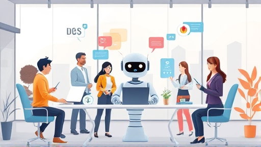 animated illustration of API-powered chatbot interacting with various users, technology icons, cartoon style, clean background, text-free