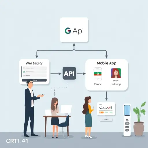 modern cartoon-style diagram showing API integration between a web backend, mobile app, and GapGPT AI server, flow arrows between blocks, Farsi chatbot and image icons, Iranian color palette, text-free