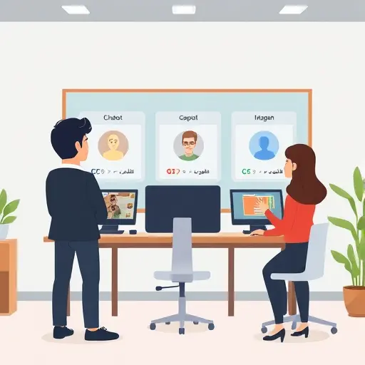 cartoon-style app development board showing different AI API modules (chatbot, translation, image recognition)