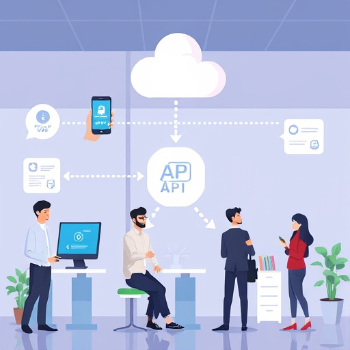 abstract API workflow illustration, arrows moving from mobile/web app to GPT-4