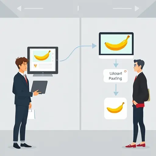 cartoon workflow diagram showing a user uploading a banana photo to a web app, which then sends it to the nano banana AI API; API replies with a result;