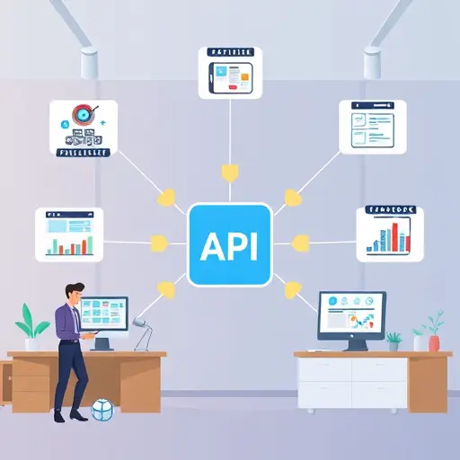 animated infographic showing multiple software product types (chatbot, helpdesk, mobile app, e-commerce site, dashboard) all connected to a central API server labeled