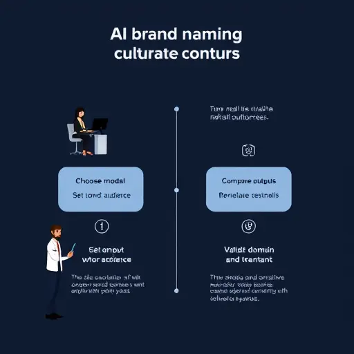 workflow illustration showing four steps for AI brand naming: choose model, set tone and audience, compare outputs, validate domain and trademark;