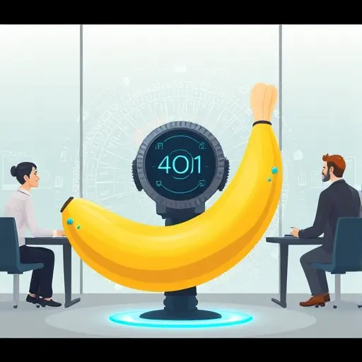animated illustration of a banana-shaped AI device, futuristic digital interface, cartoon style, abstract technology background, text-free, modern look